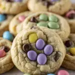 A plate of soft Easy Easter Chocolate Chip Cookies with pastel candy eggs on top