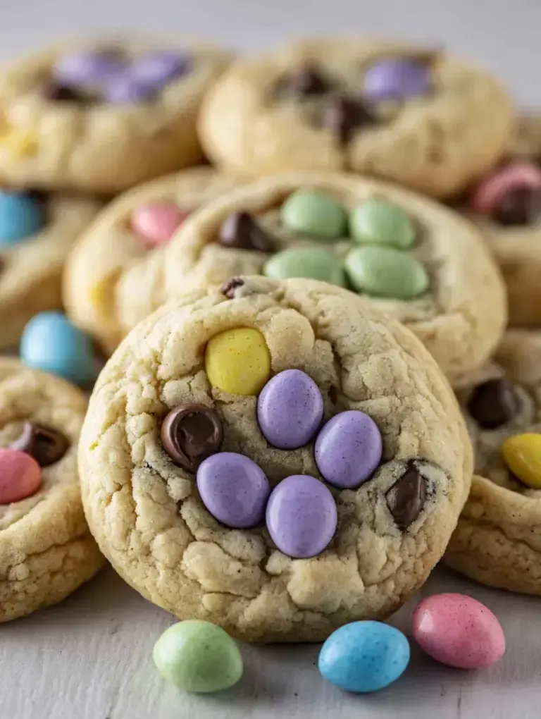 A plate of soft Easy Easter Chocolate Chip Cookies with pastel candy eggs on top