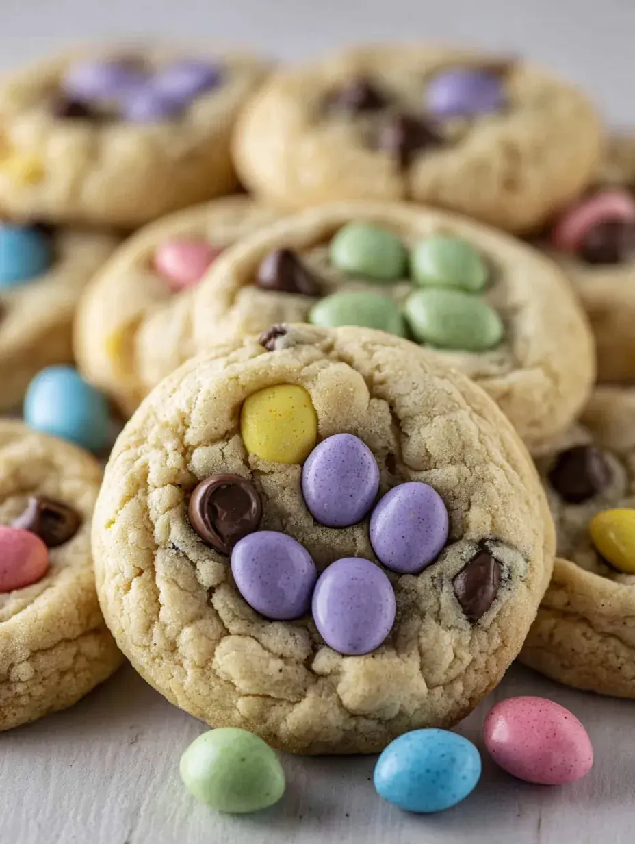 A plate of soft Easy Easter Chocolate Chip Cookies with pastel candy eggs on top