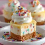 A tray of easy mini birthday cheesecakes topped with whipped cream and rainbow sprinkles
