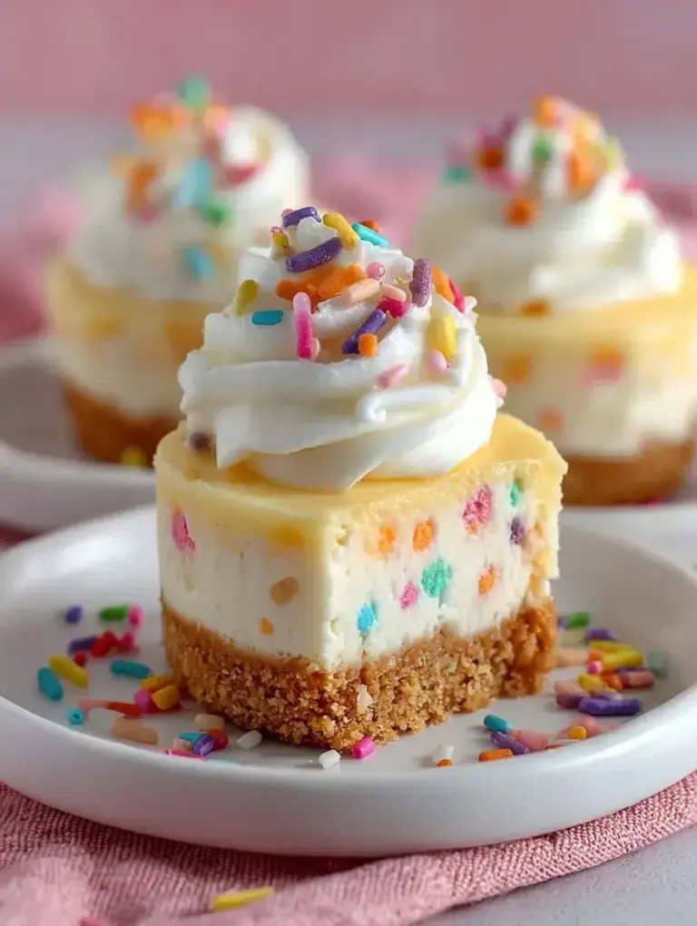 A tray of easy mini birthday cheesecakes topped with whipped cream and rainbow sprinkles