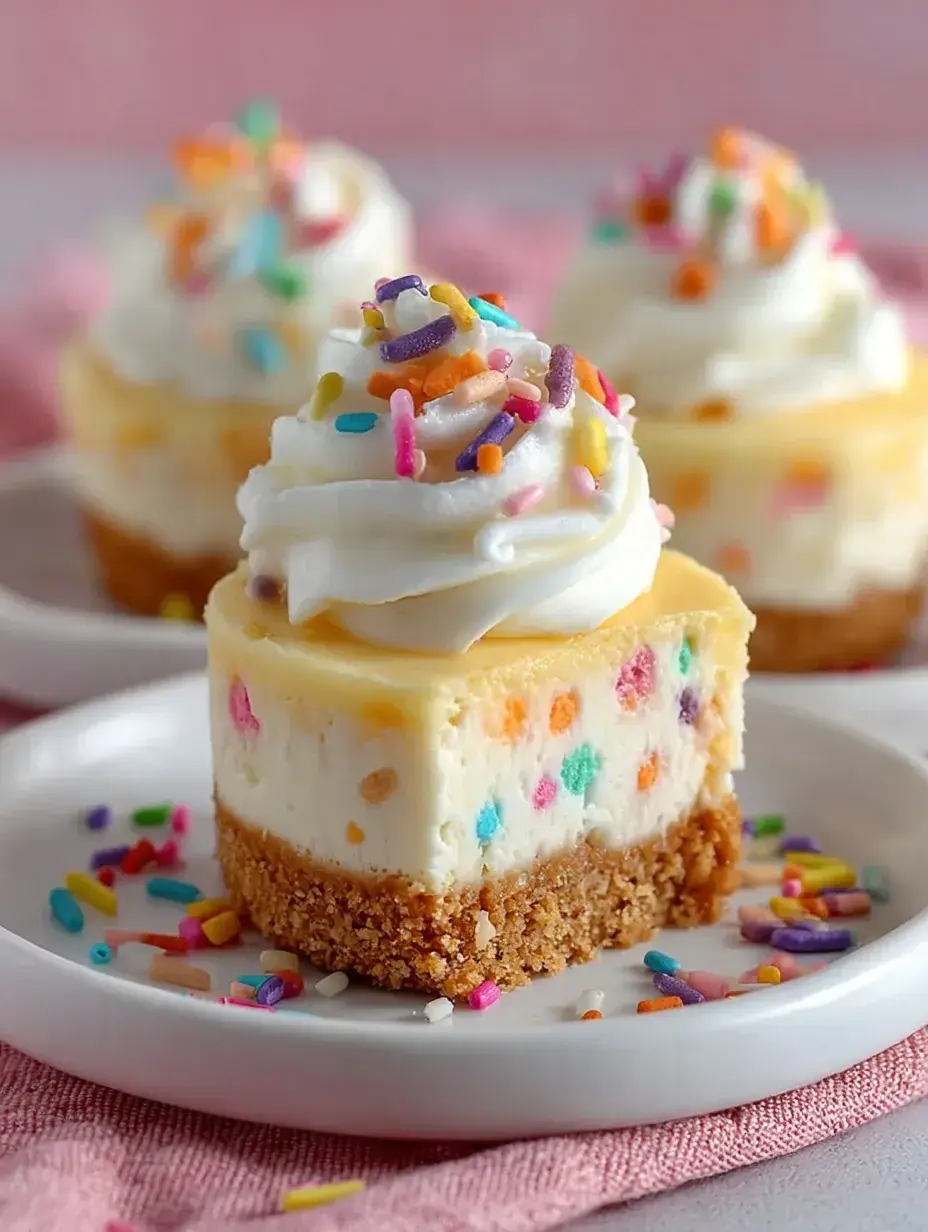 A tray of easy mini birthday cheesecakes topped with whipped cream and rainbow sprinkles