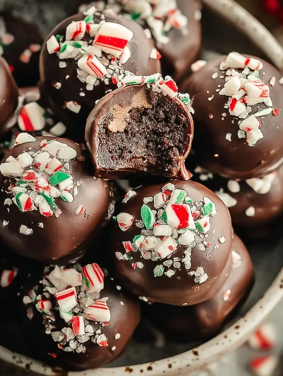 White chocolate coated peppermint gluten free oreo truffles topped with crushed candy canes on a white plate