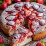 A slice of golden Easy Strawberry Cake with Strawberry Sauce drizzled with bright red berry reduction on a white plate.