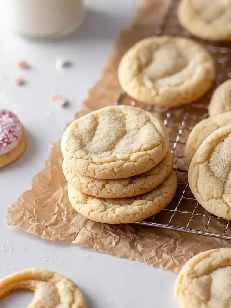 Golden brown Easy Sugar Cookies on a cooling rack in a cozy kitchen setting