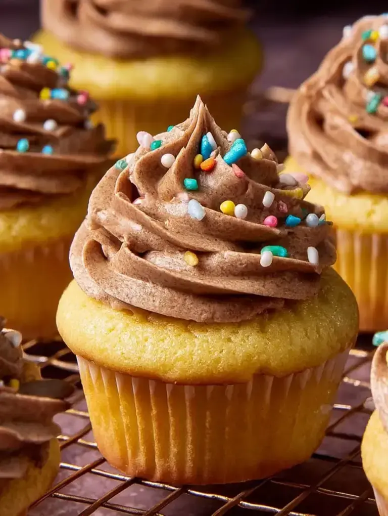 A batch of golden brown Easy Vanilla Cupcakes sitting on a wire cooling rack in a warm kitchen.