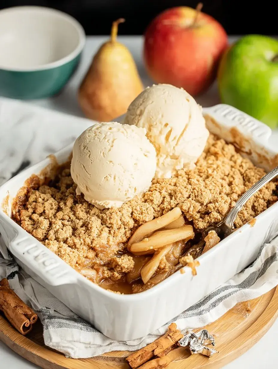 A freshly baked Easy Vegan Apple Crumble in a square baking dish showing bubbling apples and golden oats