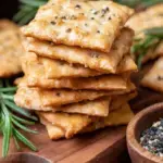 Golden brown Easy Vegan Crackers on a baking sheet sprinkled with flaky sea salt