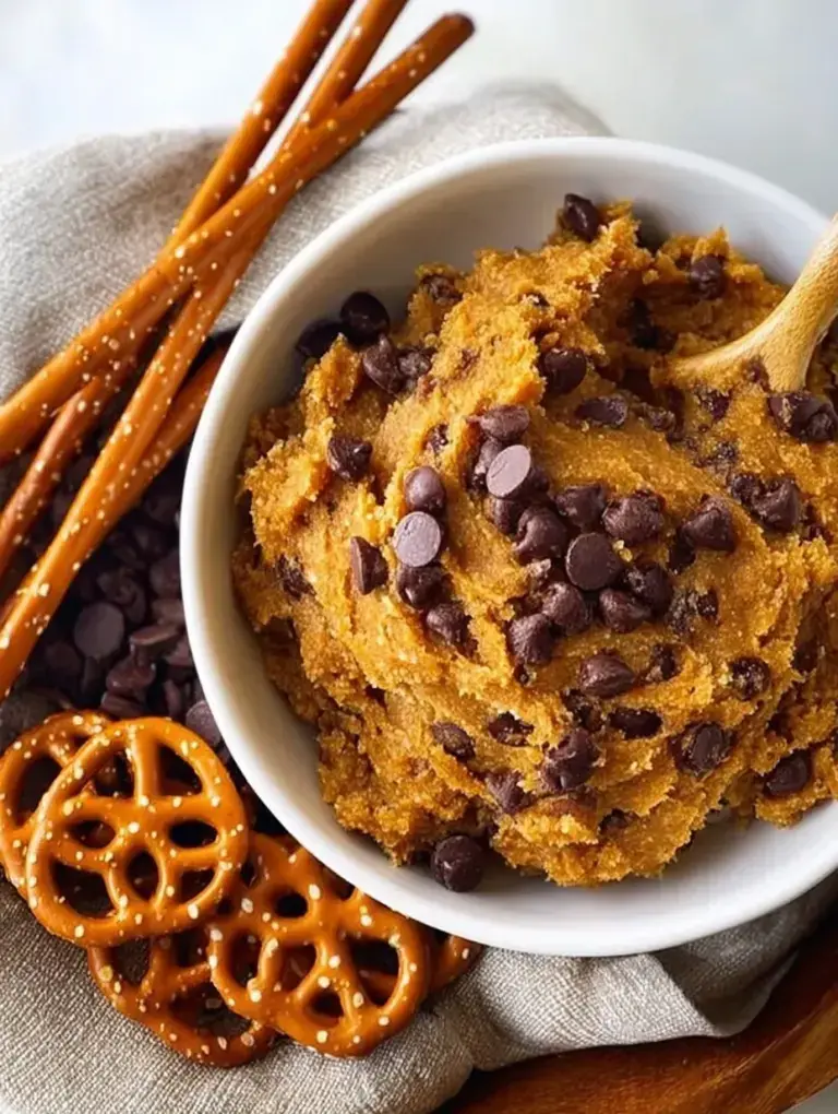 A bowl of scoopable Edible Pumpkin Cookie Dough with mini chocolate chips