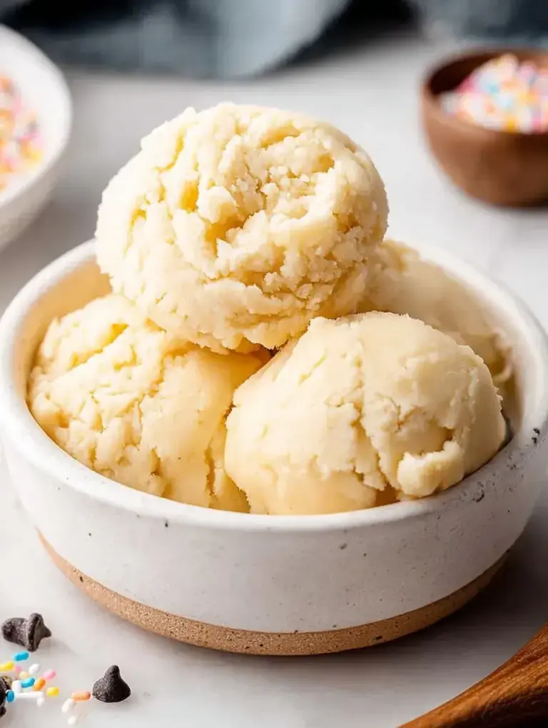 A bowl of creamy edible sugar cookie dough with a silver spoon