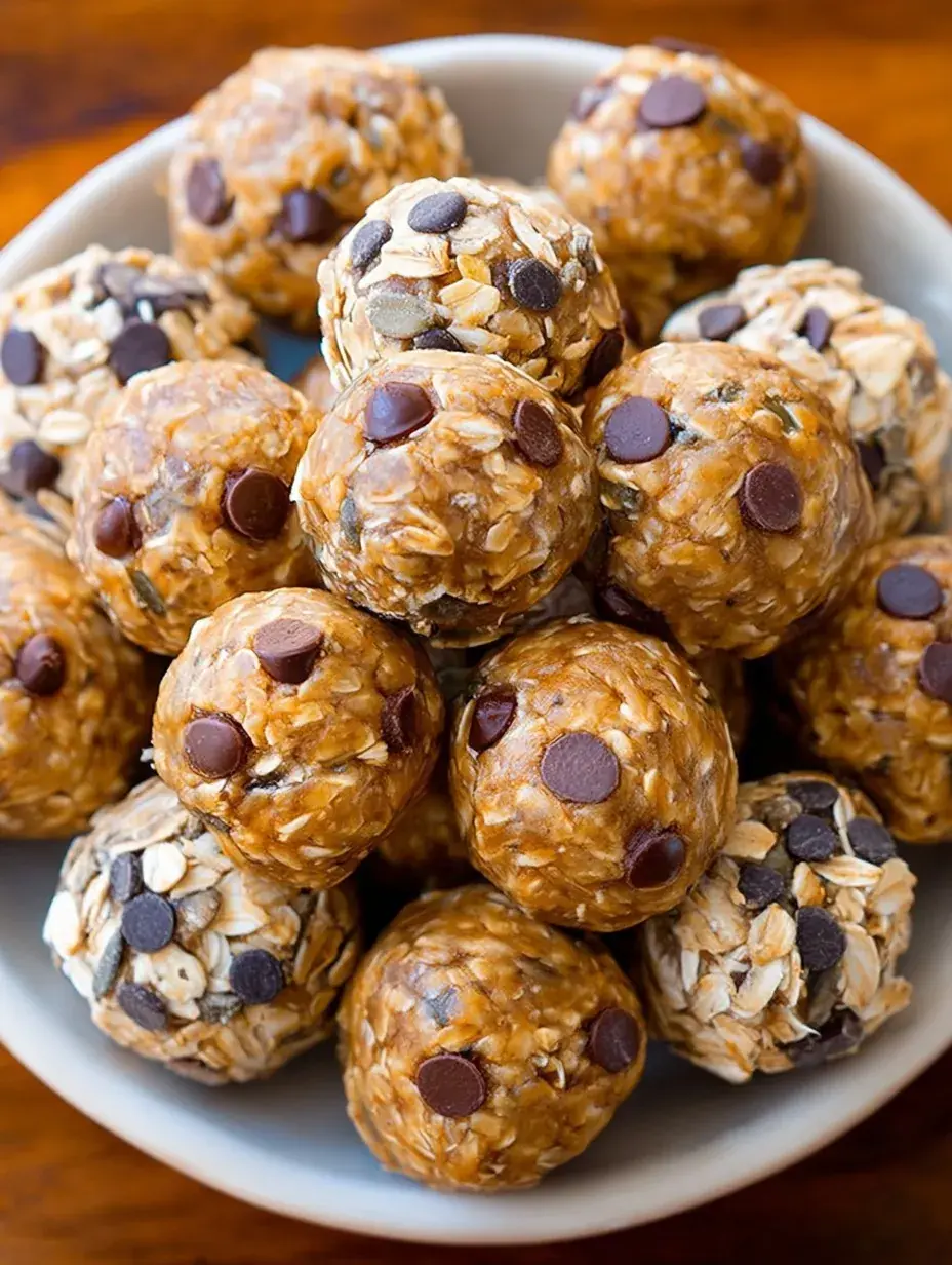 A plate of round Classic Oatmeal Peanut Butter Energy Balls with chocolate chips visible in the texture.