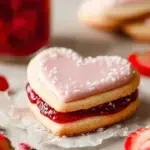 Buttery heart shaped strawberry shortbread cookies with jam centers and powdered sugar
