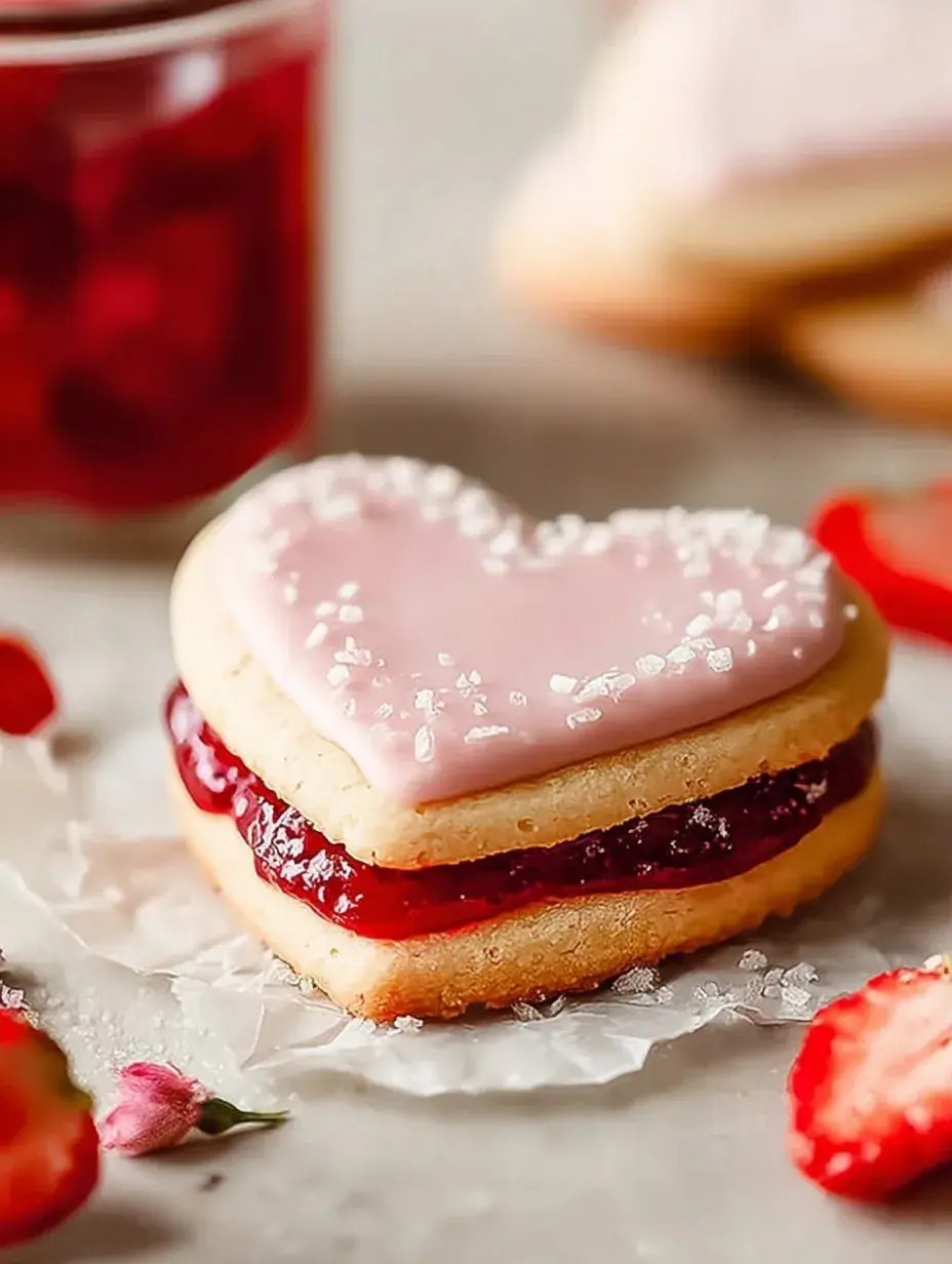 Buttery heart shaped strawberry shortbread cookies with jam centers and powdered sugar