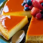 A slice of Classic Flan with golden caramel sauce on a white plate