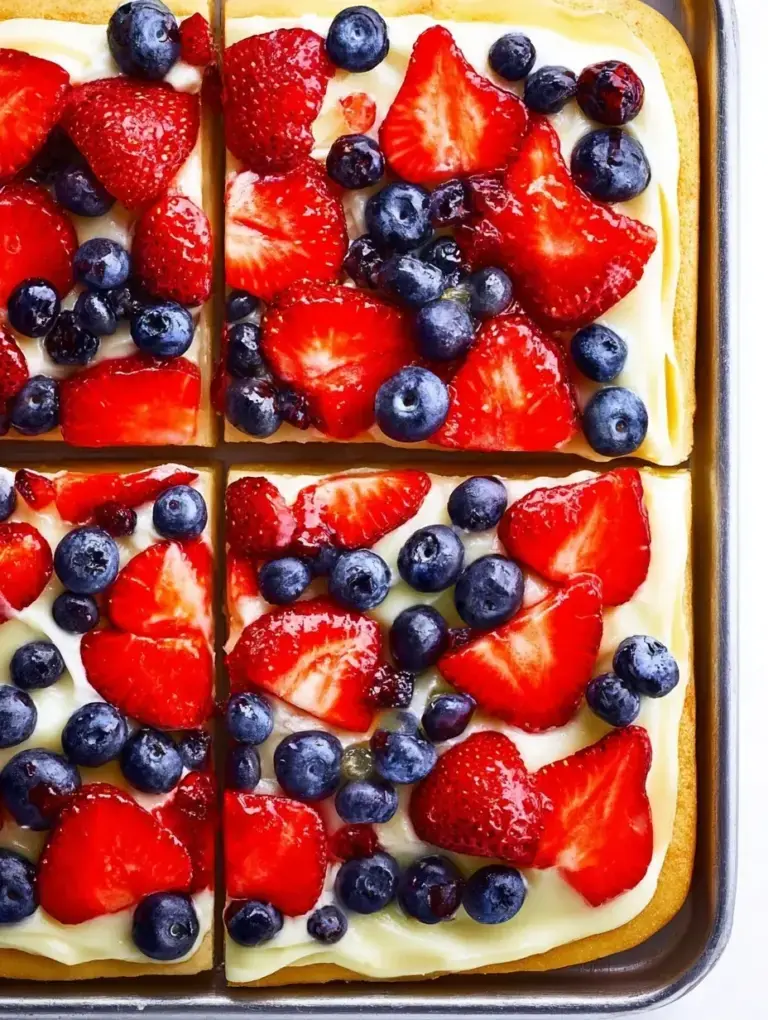 A colorful Classic Fruit Pizza with strawberries, kiwi, and blueberries on a sugar cookie crust.