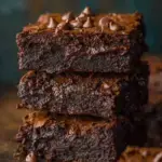 A stack of thick and fudgy brownies with a shiny crackly top on a cooling rack