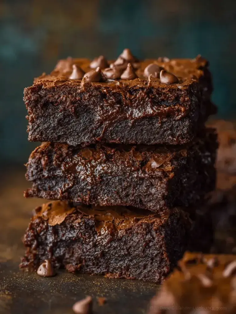 A stack of thick and fudgy brownies with a shiny crackly top on a cooling rack