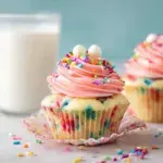 A batch of freshly frosted Funfetti Cupcakes topped with rainbow sprinkles on a wire rack