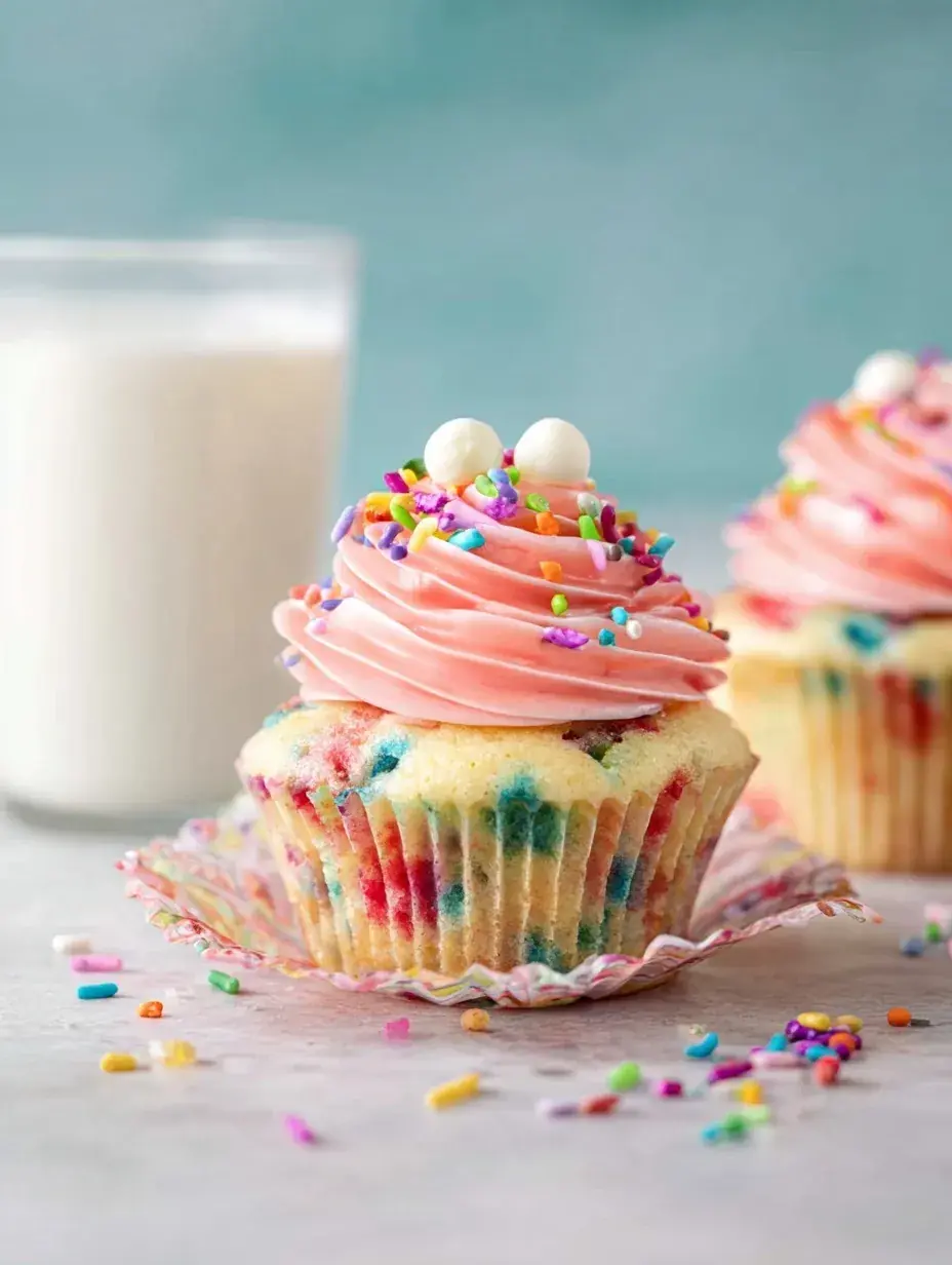 A batch of freshly frosted Funfetti Cupcakes topped with rainbow sprinkles on a wire rack