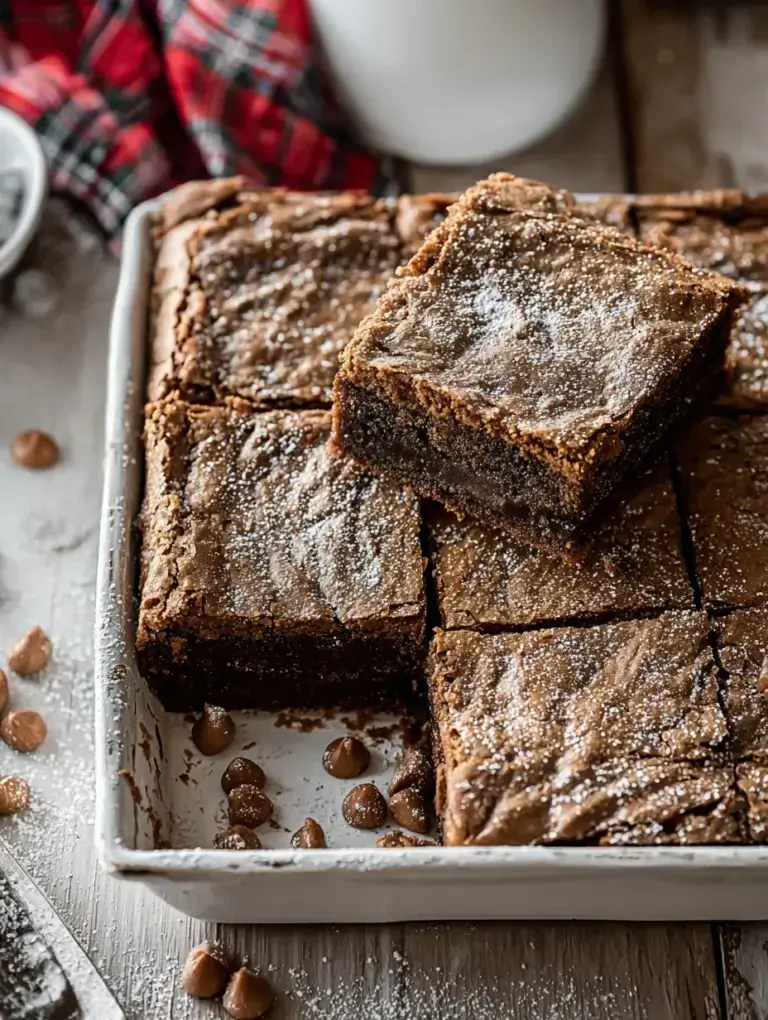 A stack of fudgy Gingerbread Brownies with chocolate chips on a festive plate