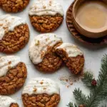 Soft gingerbread latte cookies drizzled with espresso glaze on a cooling rack