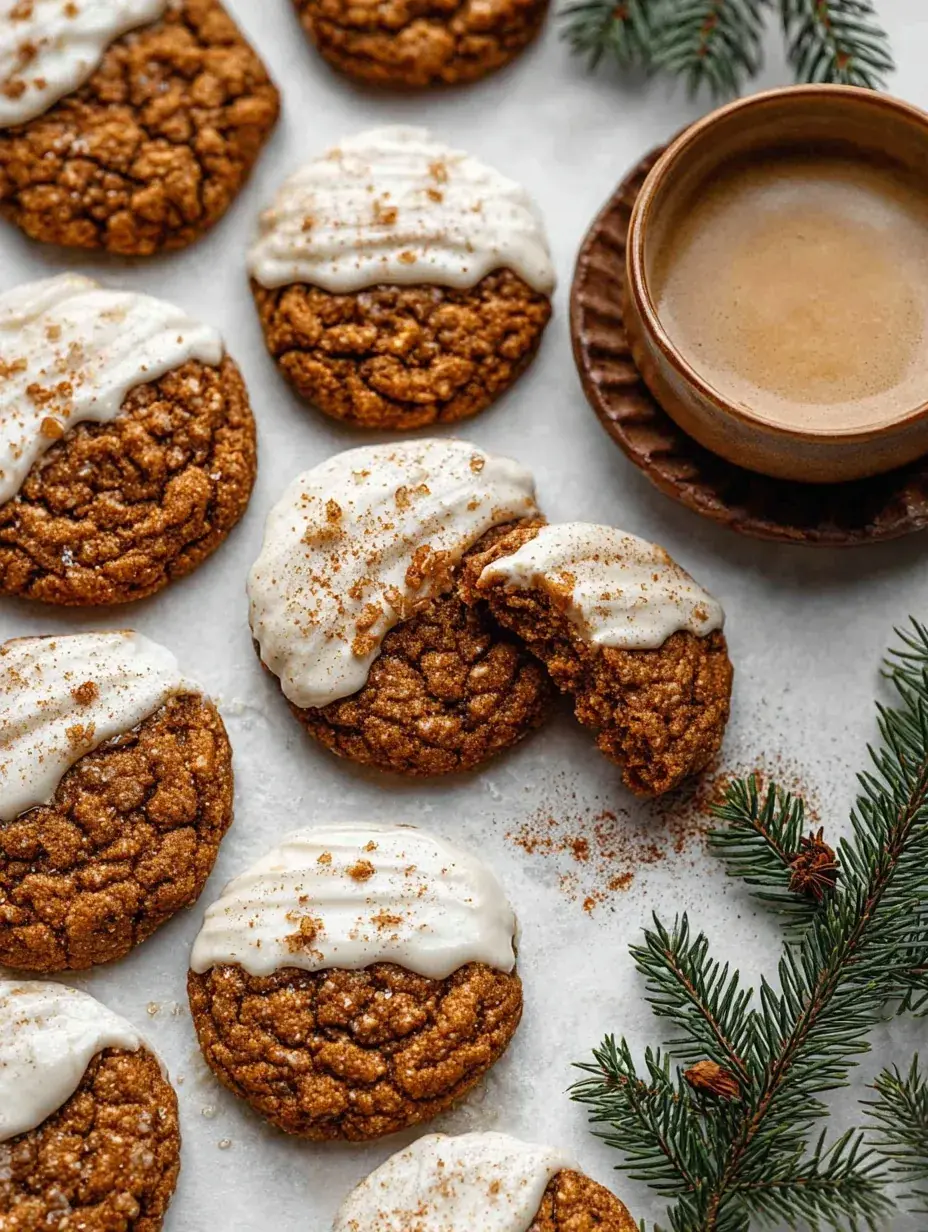 Soft gingerbread latte cookies drizzled with espresso glaze on a cooling rack