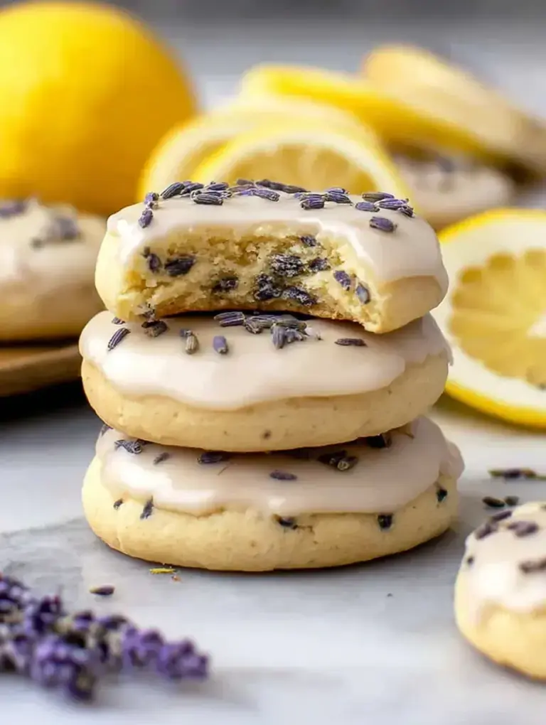 A stack of Glazed Lemon Lavender Cookies with a smooth white citrus icing and dried lavender buds on top.