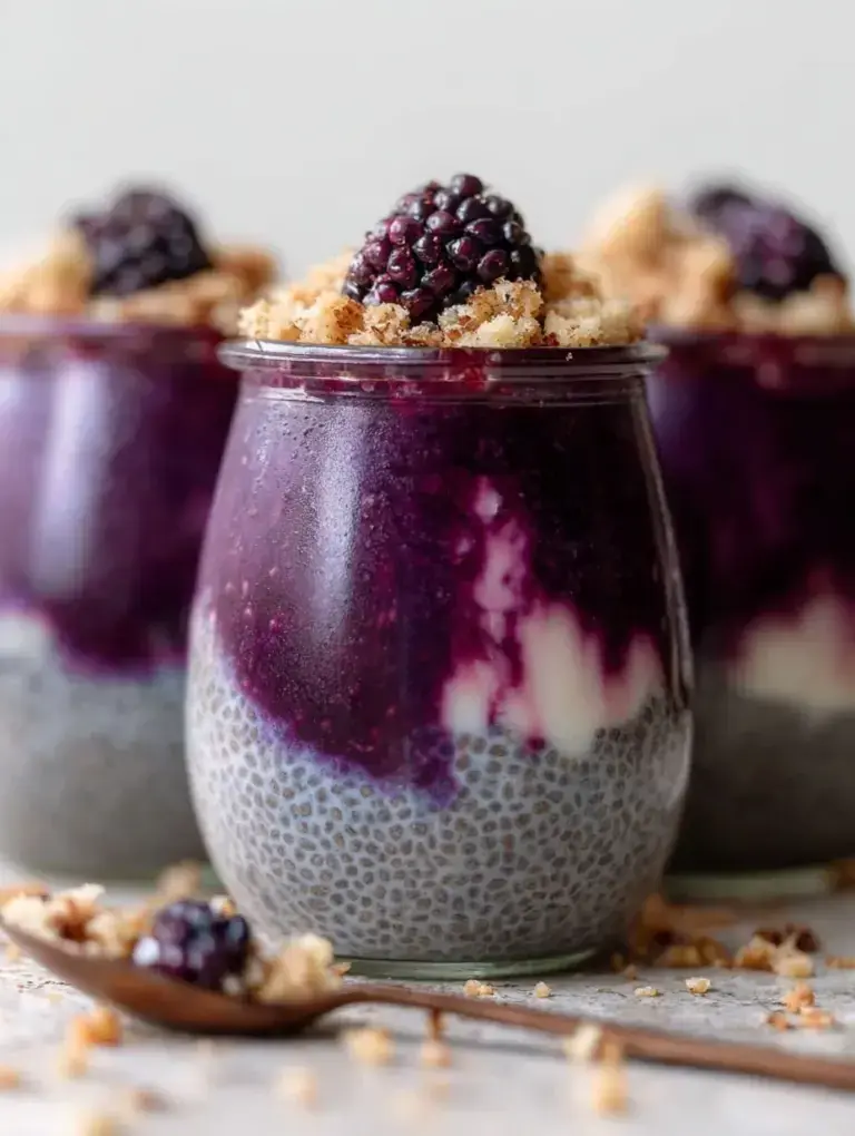 A glass jar layered with Gluten-Free Blackberry Cobbler Chia Pudding and a toasted oat crumble top