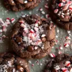 A tray of fudgy Gluten-Free Double Chocolate Peppermint Cookies topped with crushed candy cane shards
