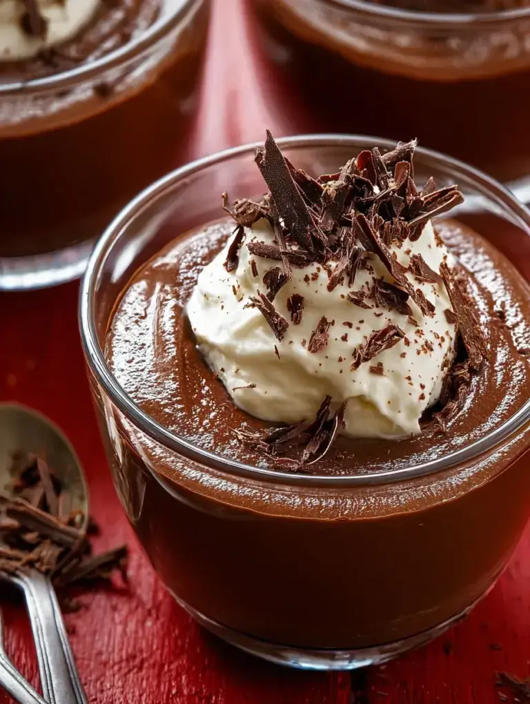 A glass of Gordon Ramsay's Dark Chocolate Mousse with a light, airy texture and chocolate shavings.