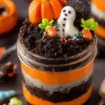 A chilled Halloween Oreo Dirt Cake decorated with gummy worms and cookie tombstones in a glass dish