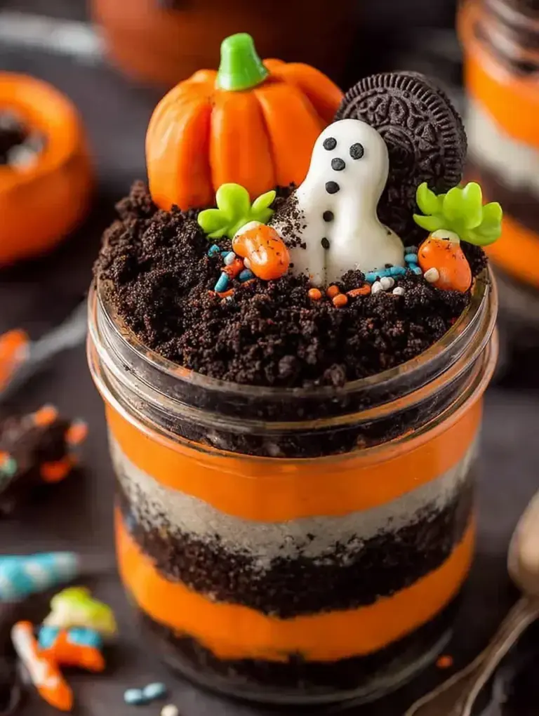 A chilled Halloween Oreo Dirt Cake decorated with gummy worms and cookie tombstones in a glass dish