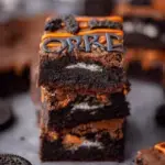 Halloween Oreo Stuffed Brownies on a cooling rack with festive sprinkles and orange creme cookies inside