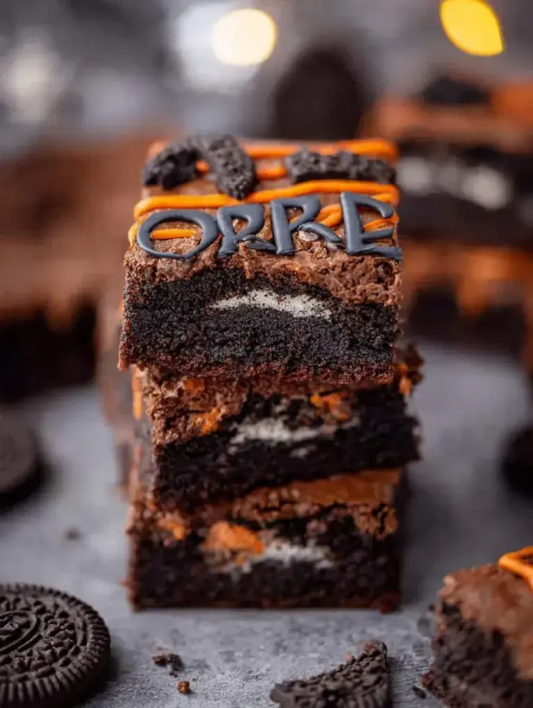 Halloween Oreo Stuffed Brownies on a cooling rack with festive sprinkles and orange creme cookies inside
