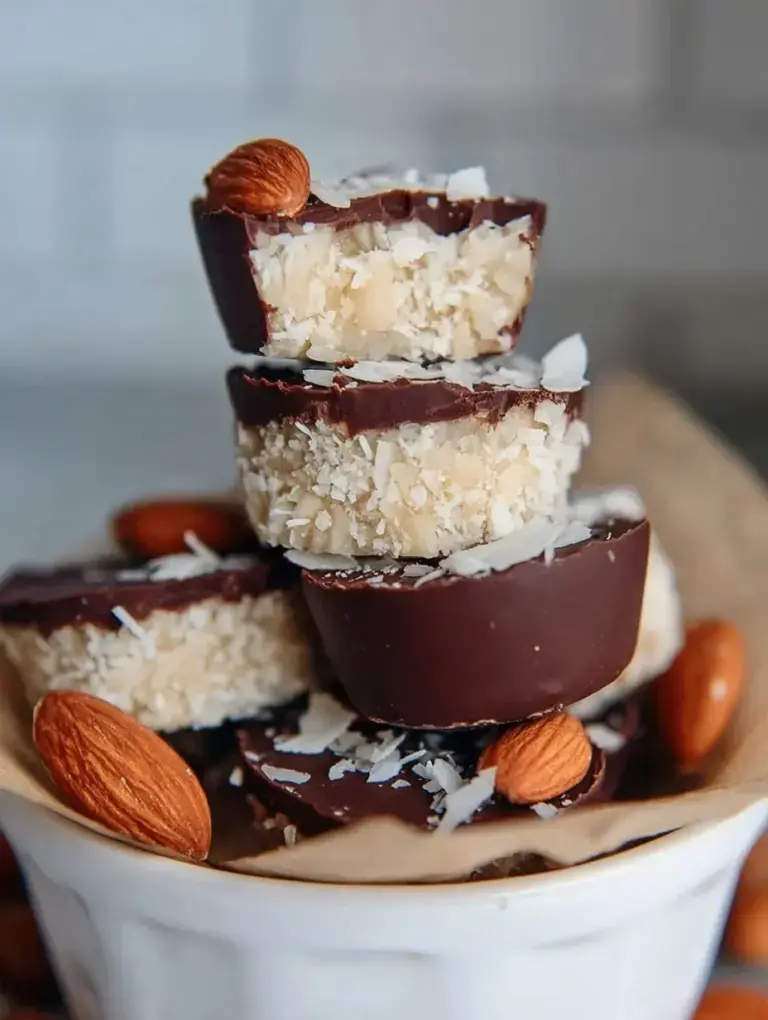 A plate of homemade healthy almond joys with dark chocolate coating and a whole almond on top