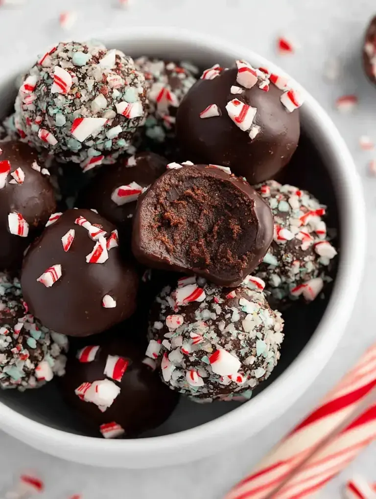 A plate of Healthy Chocolate Peppermint Truffles dusted with dark cocoa powder on a festive table