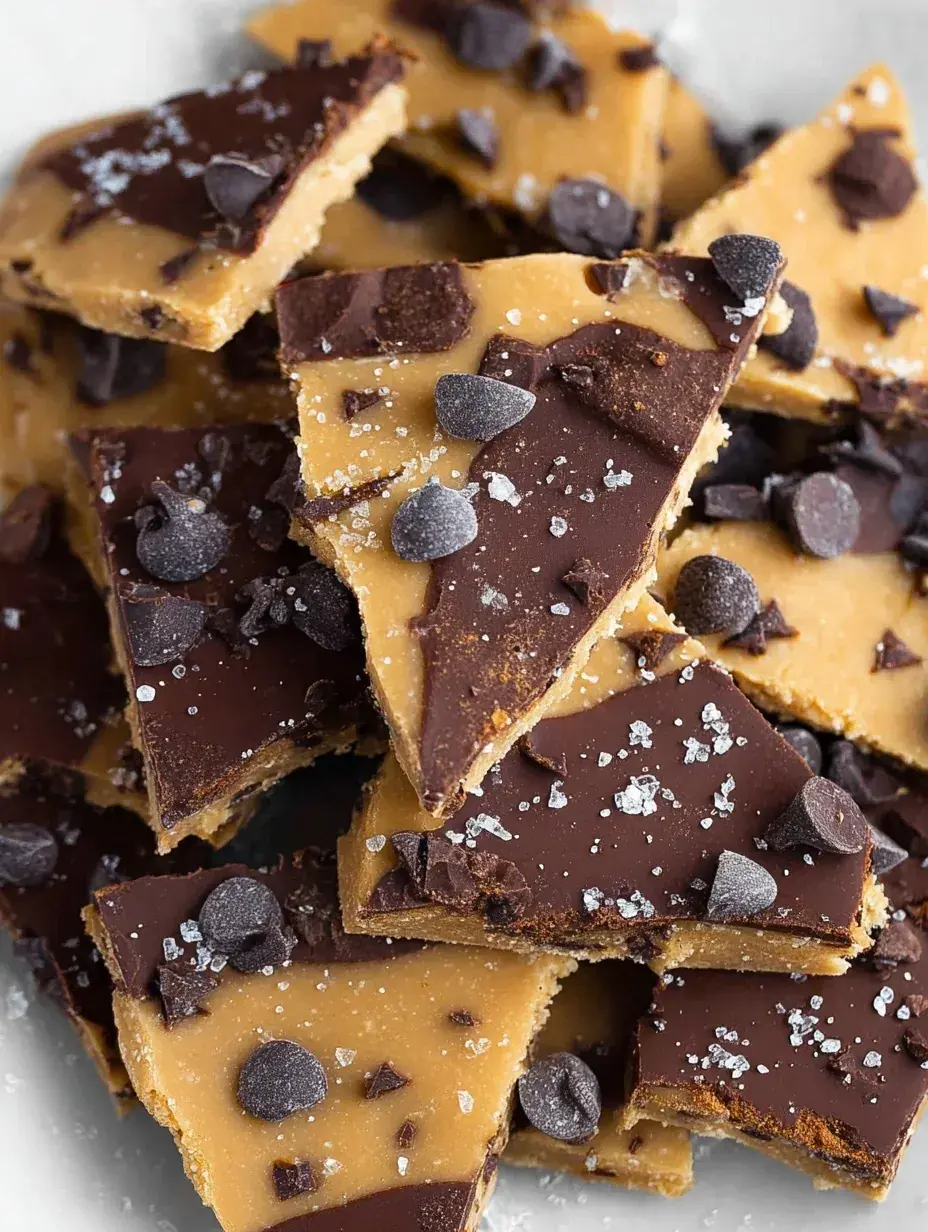 A tray of broken pieces of Healthy Cookie Dough Bark topped with melted dark chocolate and flaky sea salt.