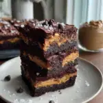 A stack of Healthy Peanut Butter Stuffed Brownies showing the creamy peanut butter center