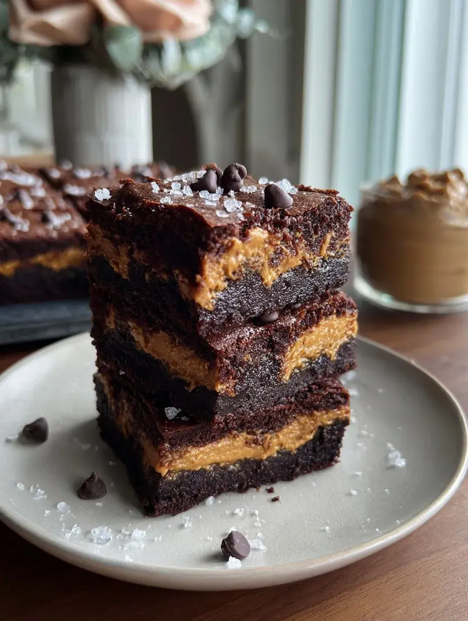 A stack of Healthy Peanut Butter Stuffed Brownies showing the creamy peanut butter center