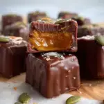 A tray of sliced Healthy Pumpkin Caramels topped with flaky sea salt