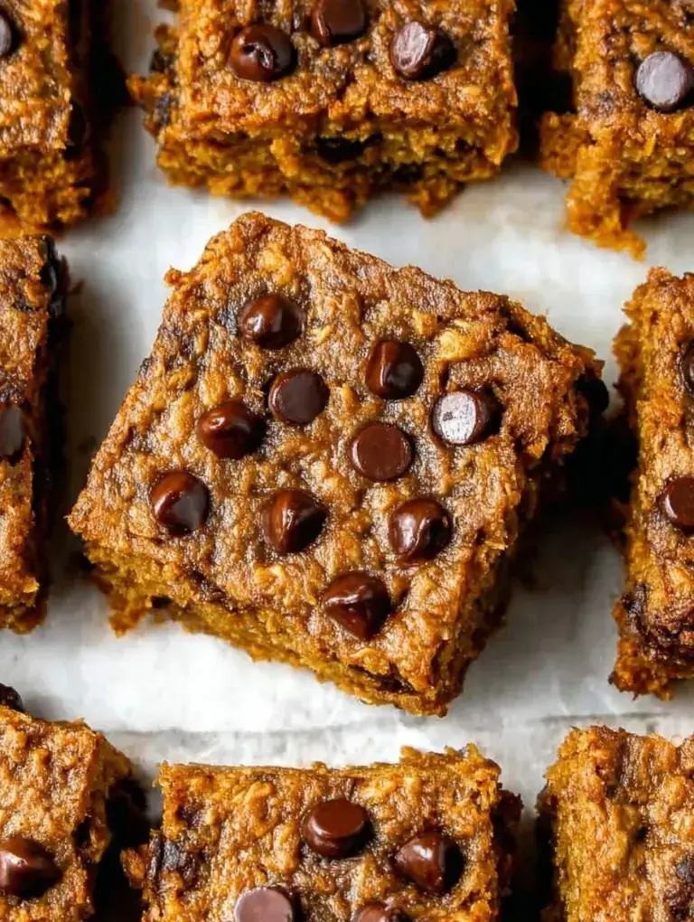 A stack of Healthy Pumpkin Oatmeal Bars showing dark chocolate chips and golden oats