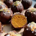 A plate of Healthy Paleo Pumpkin Truffles with dark chocolate coating and a sprinkle of sea salt on a rustic wooden background.