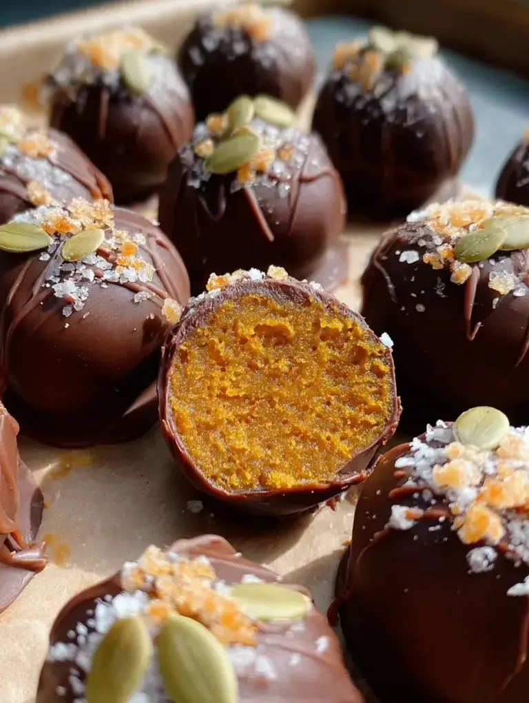 A plate of Healthy Paleo Pumpkin Truffles with dark chocolate coating and a sprinkle of sea salt on a rustic wooden background.