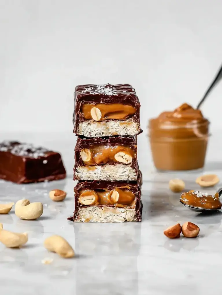 A stack of sliced Healthy Snickers Protein Bar showing layers of nougat, caramel, and peanuts