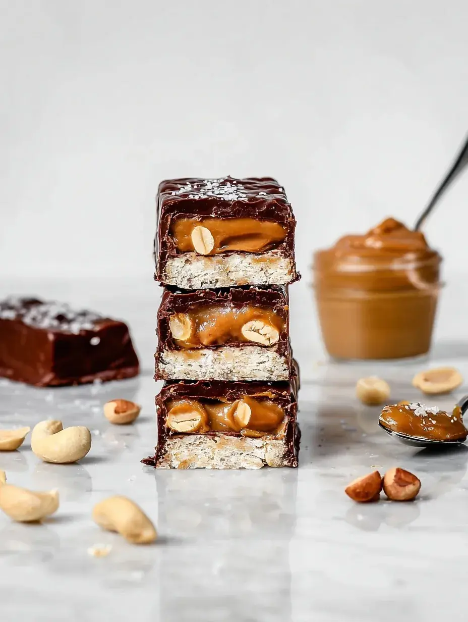 A stack of sliced Healthy Snickers Protein Bar showing layers of nougat, caramel, and peanuts