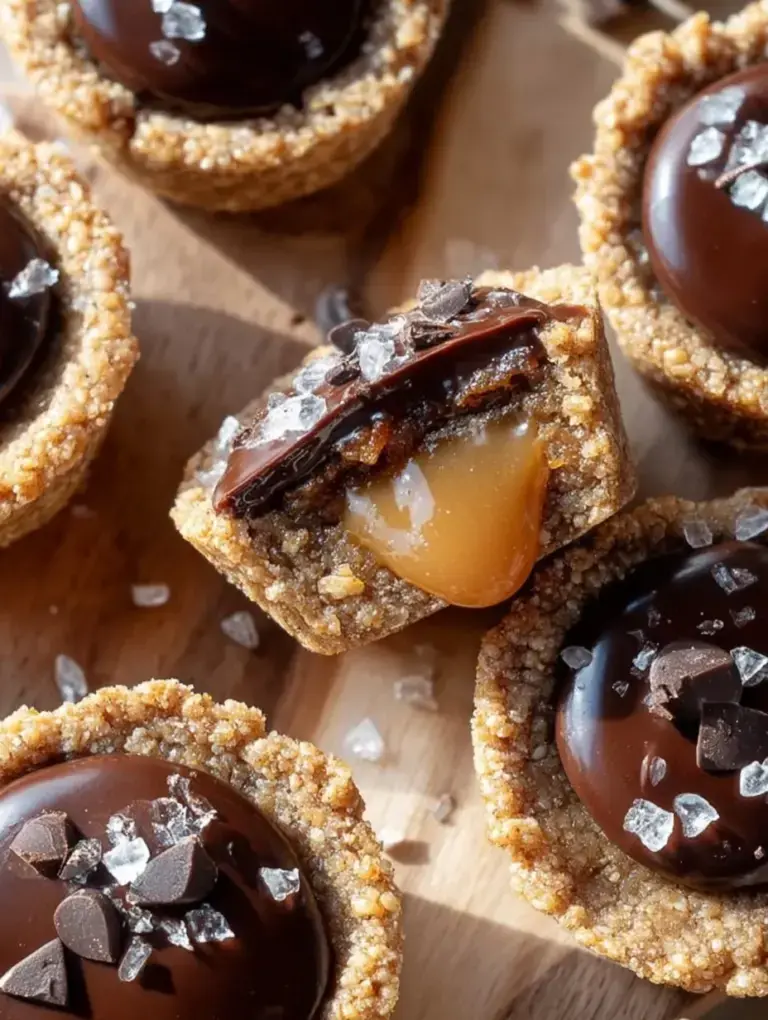 A tray of Healthy Twix Cookie Cups with golden shortbread bases and dark chocolate tops sprinkled with sea salt.