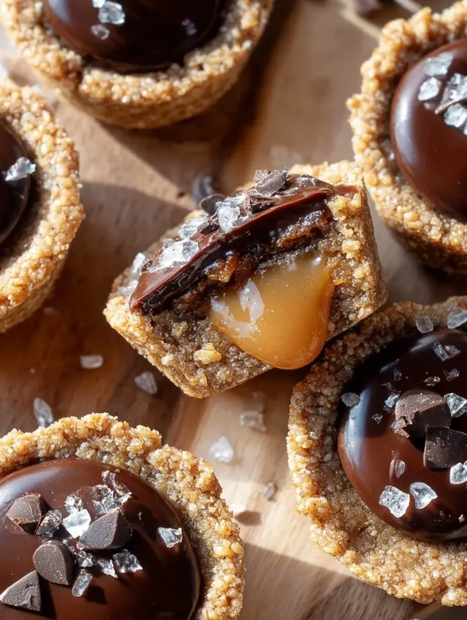A tray of Healthy Twix Cookie Cups with golden shortbread bases and dark chocolate tops sprinkled with sea salt.