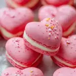 A tray of pink Heart Macarons with Lemon Buttercream on a wooden table
