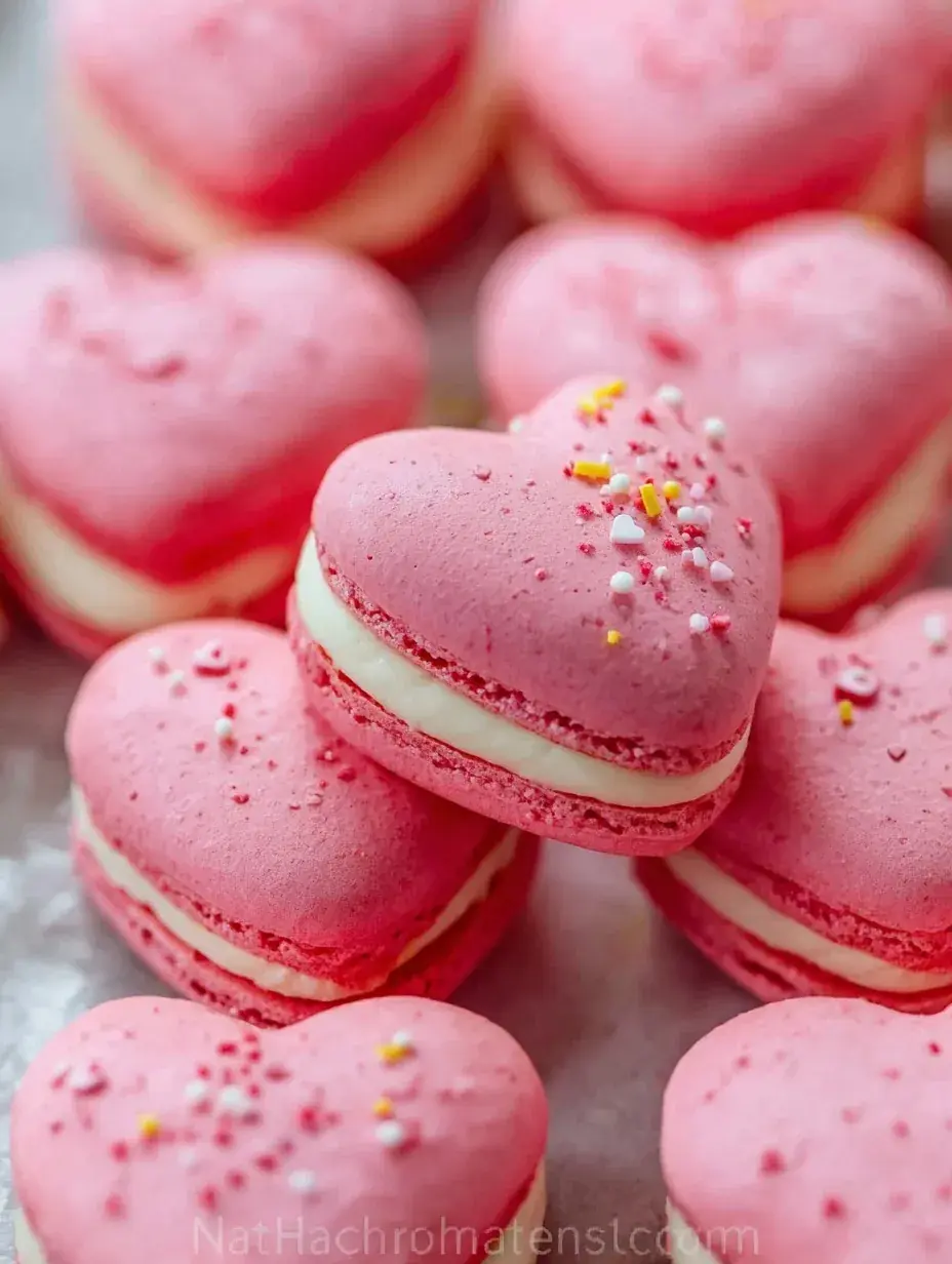 A tray of pink Heart Macarons with Lemon Buttercream on a wooden table