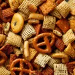 Large bowl of Traditional Savory Homemade Chex Mix on a wooden table